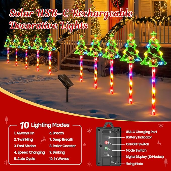 WdtPro Solar Christmas Pathway Lights Outdoor Decorations 10 Pack Xmas Tree Candy Lights for Yard Walkway Lawn Porch 10 Modes Led Waterproof Garden Patio Stake Lights Holiday Decor