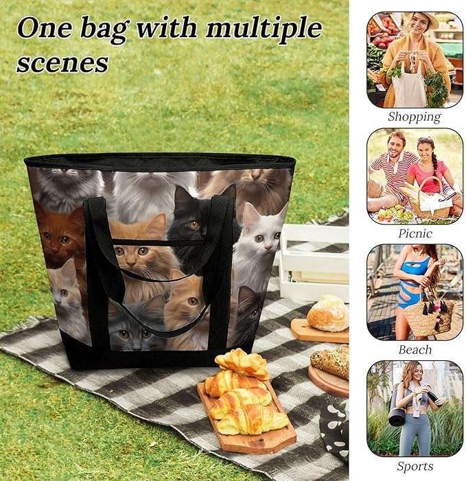 Insulated Shopping BagLarge Reusable Cooler Bags Cat Collection Printed Foldable Shopping BagTravel Waterproof Shoulder Bag