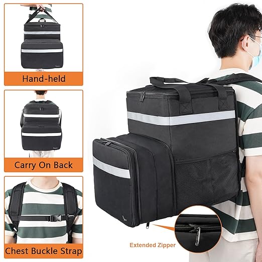 Taygeer Food Delivery Backpack Expandable Insulated Food Delivery Bag for Grocery Bike Large Leakproof Waterproof Hot Pizza Bags with 4 Mesh Pockets Reflective Strip for Uber Eat Doordash Black