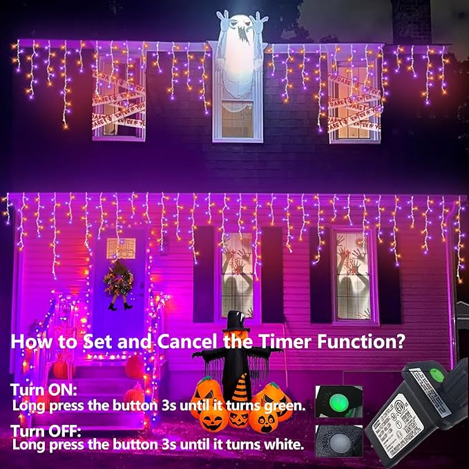 QITONG Orange and Purple Icicle Lights for Outside 33ft 400 LED String Light Indoor Plug in 8 Modes Connectable Halloween Icicle Lights Clear Wire