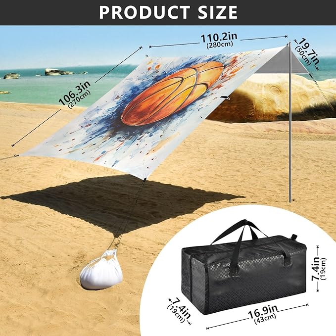 ALAZA Watercolor Basketball Beach Tent Sun Shelter UPF50+ Protection Beach Shade Canopy w/ 4 Sandbags for Outdoor Camping Fishing Backyard Fun Picnic 10x9 ft