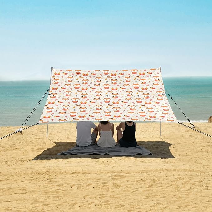 ALAZA Cute Fox Leaves Beach Tent Sun Shelter UPF50+ Protection Beach Shade Canopy w/ 4 Sandbags for Outdoor Camping Fishing Backyard Fun Picnic 10x9 ft