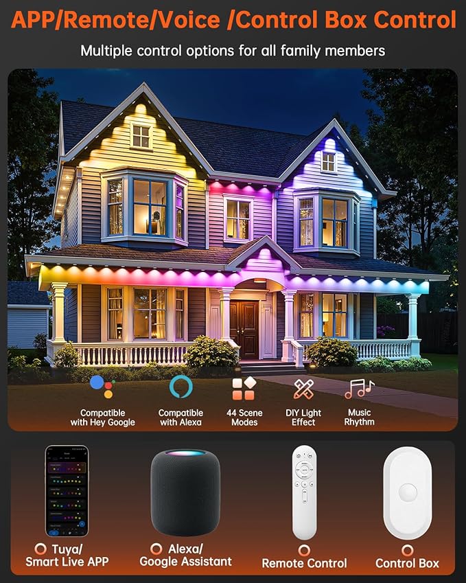 YAYZA! Permanent Outdoor Lights Pro150ft 108 LED Smart RGB+IC+Warm/Cool White Christmas Eave Lights 135lm Music Sync &amp DIY Scenes IP67 Waterproof for Outside Decor Works with AlexaGoogle Rem