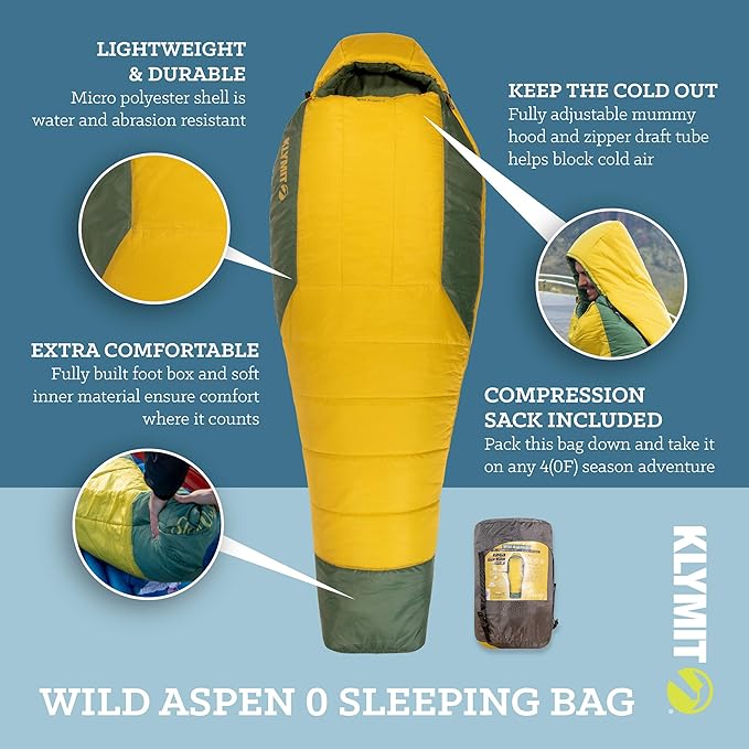 Klymit Sleeping-Bags KLYMIT Wild Aspen Lightweight Mummy Sleeping Bag Best Gear for Cold Weather Camping Hiking Backpacking Pair with Static V Sleeping Pad (Size Regular to XL)