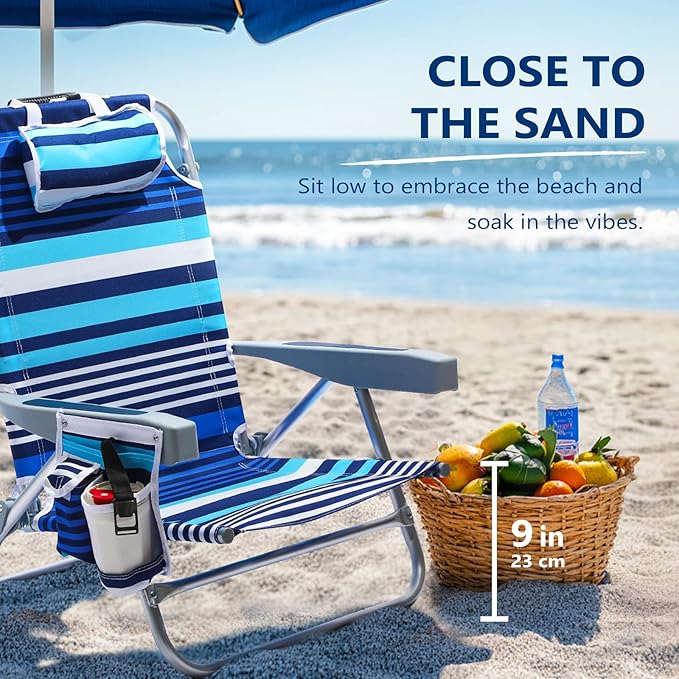 5-Position Aluminum Lay Flat Backpack Beach Chair 2 Pack Compact Portable Low Beach Chairs for Adults Beach Chair with Cooler Pouch Storage Pouch Towel Bar Cup Holder Blue Stripe