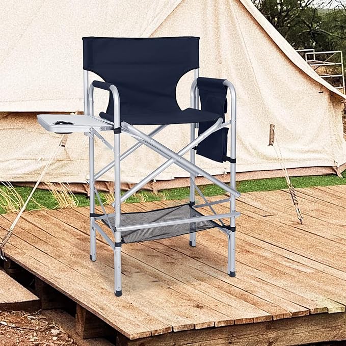 ABCCANOPY Folding Tall Directors Chair Outdoor Camping Chair Makeup Artist Chair with Side Table &amp Pockets Navy Blue