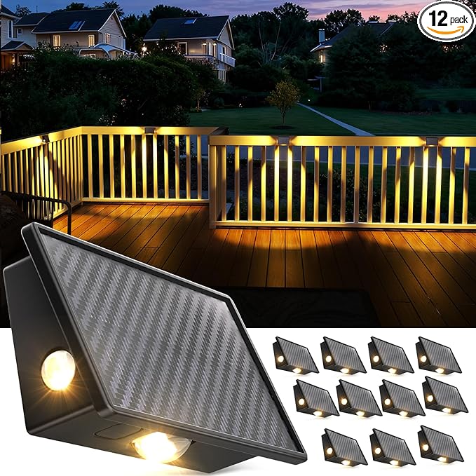 JSOT Solar Deck Lights Outdoor - 12 Pack Stair Step Fence Waterproof Light 5 Lighting Modes for Backyard Garden Wall Outside Patio Decor (Warm Light)