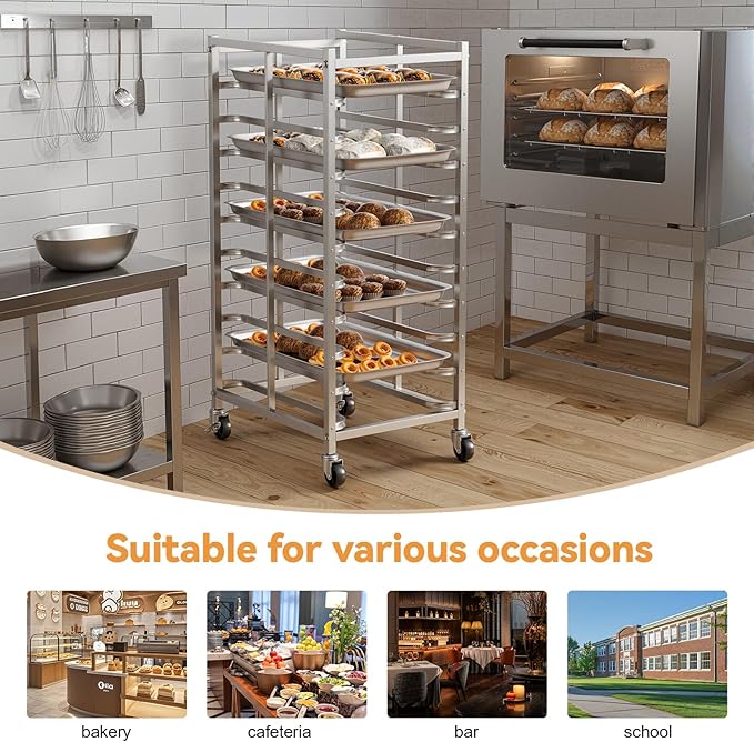 10 Tier Bakers Rack with Wheels Pan Rack Stainless Steel Baking Sheet Pan Cart for Half &amp Full Size Commercial Speed Rack with Brake Casters for Kitchen Bakery Restaurant (10)