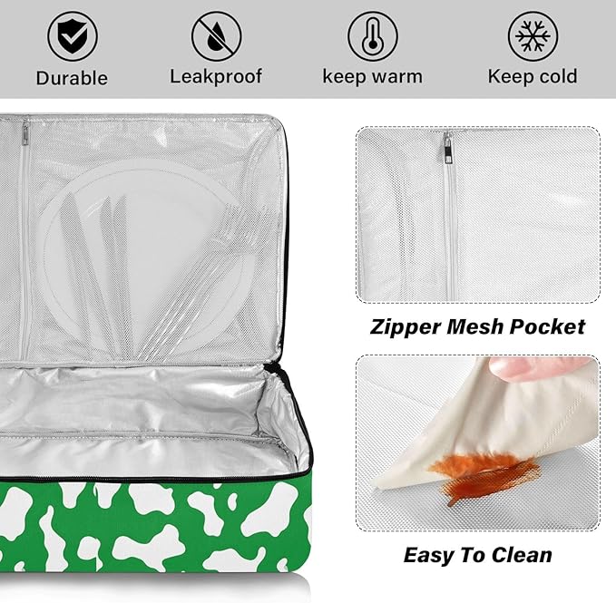 Casserole Carrier Green and White Cow Print PatternInsulated Casserole Carrier for Hot or Cold Food Thermal Lunch Tote for Potluck Parties Picnic Beach Fits 9 x 13 Inches Baking Dish