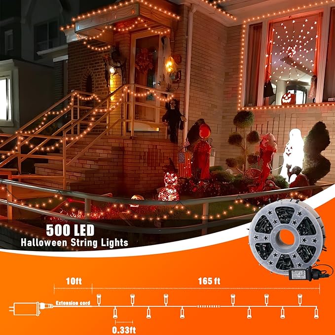 QITONG 165ft 500 LED Orange Christmas Lights Christmas String Lights Outdoor Waterproof with 8 Modes Green Wire Orange String Light Plug in Indoor with Timer Memory