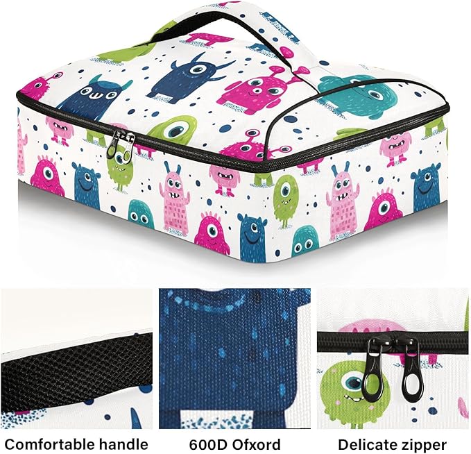 Casserole Carrier Colorful Cute MonstersInsulated Casserole Carrier for Hot or Cold Food Thermal Lunch Tote for Potluck Parties Picnic Beach Fits 9 x 13 Inches Baking Dish