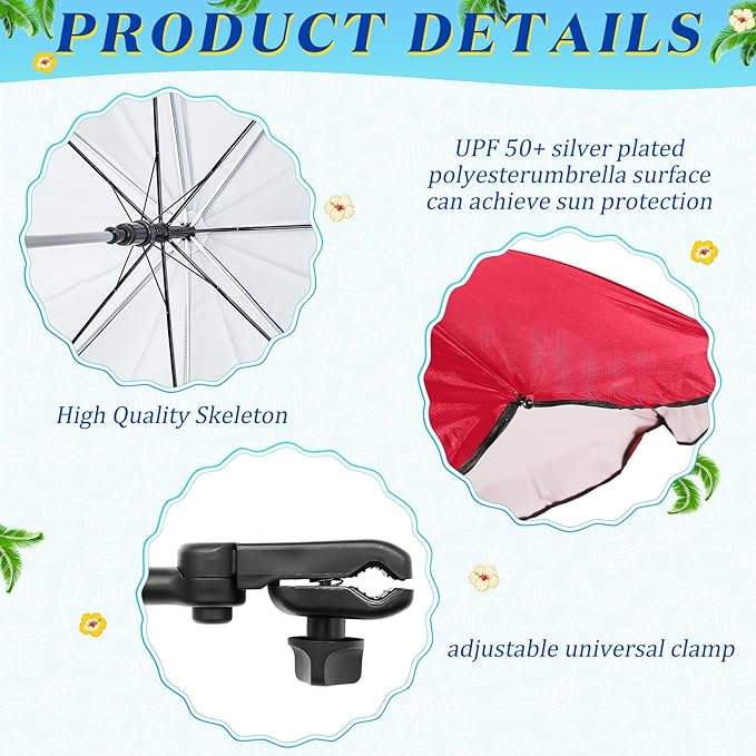 Buryeah 2 Pcs Automatic Chair Umbrella with Universal Clamp 44 UPF 50+ Portable Clamp on Beach Chair Adjustable Wheelchair Umbrella for Outdoor Patio Parasol