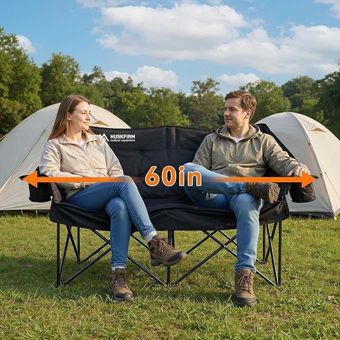 Double Camping Chair Padded Camping Chairs Heavy Duty 2 Person Camping Chair Oversized Loveseat Camping Chair with Cup Holders Camping Couch Support 800LBSBlack