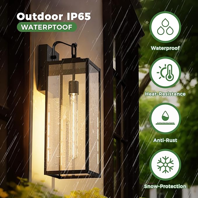 DORESshop 18 Inch Large Size Dusk to Dawn Outdoor Wall Lights Matte Black Waterproof Anti-Rust Outdoor Light Fixtures Wall Mount with Clear Glass Shade for Porch Garage Doorway 2 Pack