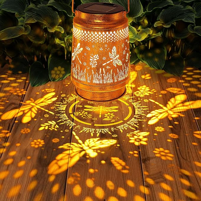 2 Pack Solar Lanterns Outdoor Waterproof Dragonfly Garden Decor Gifts for Women Mom Grandma Birthday Hanging Solar Lights Metal LED Decoration with Shepherd Hook Outside for Yard Patio Lawn Porch
