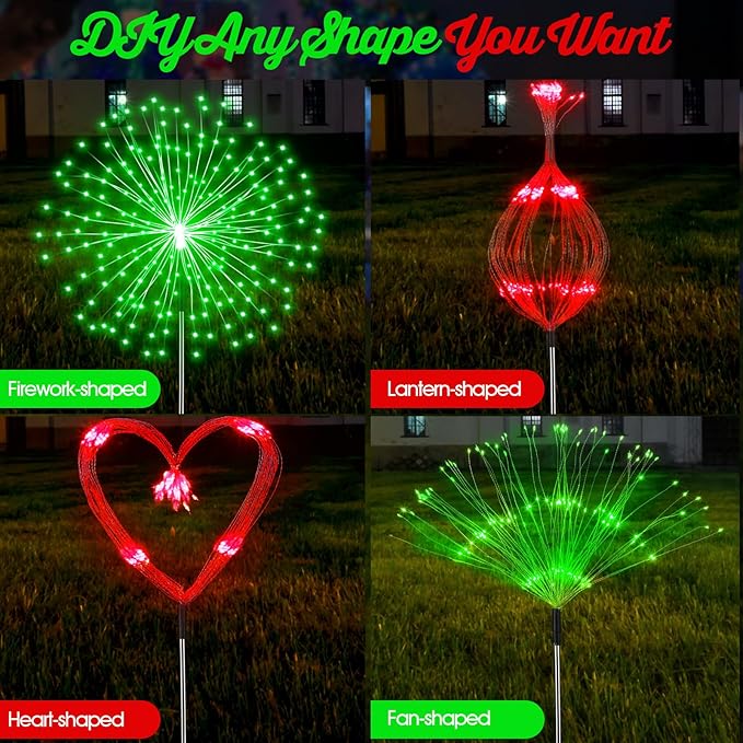 6 Pcs Christmas in July Solar Firework Stake Lights 180 LED 8 Modes Solar Waterproof LED Sparkler Lights Outdoor Decoration for Garden Patio Yard Pathway Walkway Lawn (Red Green)