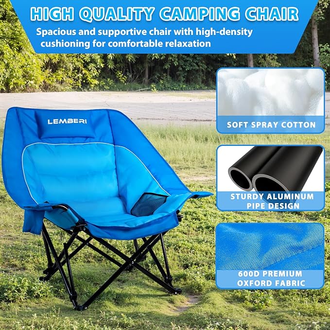 Outdoor Oversized Camping Chair Heavy Duty Support 500 LBS for Adults Portable Folding Wide Lawn Chair with Headrest Support and Cup Holder Low Camping Chair for Fishing Garden Blue