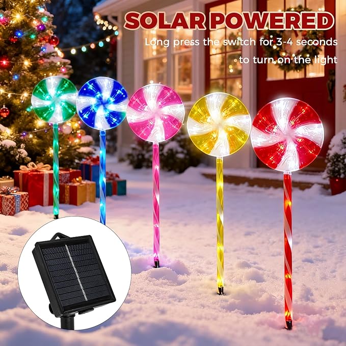 BRIGHTDECK Lollipop Solar Christmas Pathway Lights Outdoor 10 Pack LED Christmas Decor with 8 Lighting Modes Light Up Solar Stake Lights for Holiday Xmas Walkway Sidewalk (Multicolour 10 PCS)
