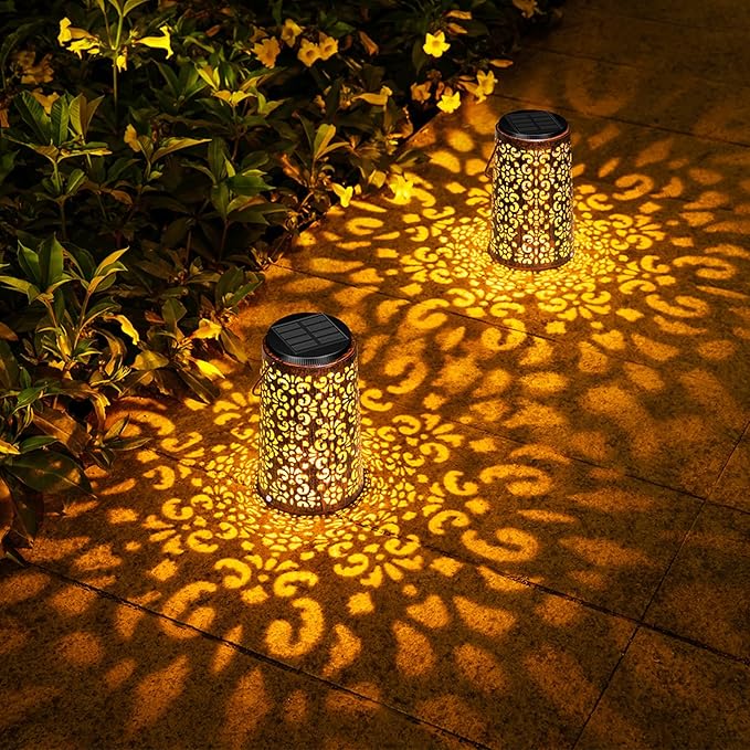 4 Pack Solar Hanging Lanterns Outdoor 2 Modes Adjustable White &amp Warm Light Auto On/Off Metal Waterproof Solar Lights for Patio Garden Wall &amp Tabletop Decor