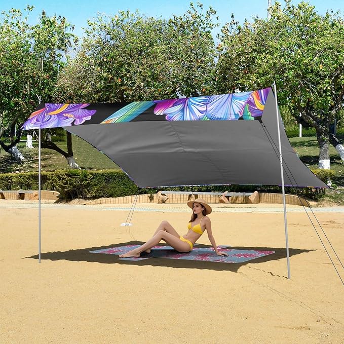 ALAZA Rainbow Iris Flower Butterfly Beach Tent Sun Shelter UPF50+ Protection Beach Shade Canopy w/ 4 Sandbags for Outdoor Camping Fishing Backyard Fun Picnic 10x9 ft