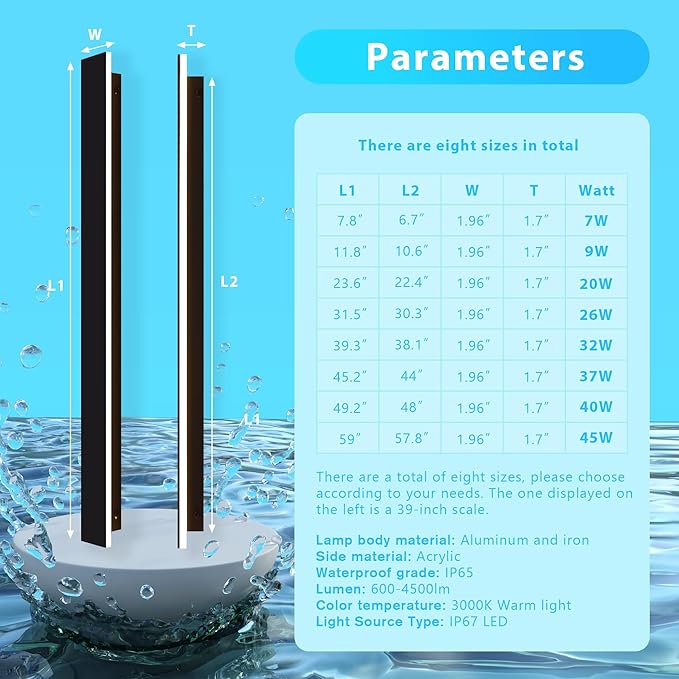Outdoor Wall Light LED Long Wall Sconce 59.05in*1 Ip65 Waterproof Black Modern Outdoor Lights 3000k 45W Metal Exterior Light Fixture for Porch Light Patio Door Yard Garden Villa Living Room