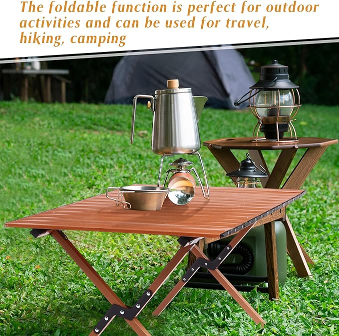 Suzile 2 Pack 4FT Folding Camping Table Roll Up Portable Camp Table with Carry Bag Low Collapsible Lightweight Aluminum Outdoor for Camping Picnic Beach Patio Kitchen(Nut Brown)