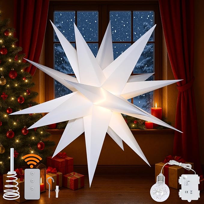 18 Moravian Star Outdoor Light Moravian Star Christmas Decorations Tree Topper Lighted Battery Operated Remote Control Hanging Outdoor/Indoor Tree Star Light for Courtyard Porch-White