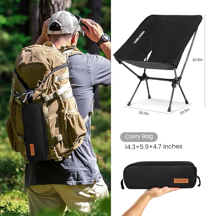 CAMEL CROWN Portable Camping Chair Folding Compact Lawn Lightweight Backpacking Chair with Carry Bag for Outdoor Hiking Beach Travel Picnic Festival Black 2pc