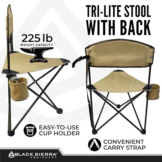 Black Sierra XL Tri-Lite Hunting Blind Stool w/Backrest Lightweight Portable Fishing Chair w/Cupholder &amp Carry Strap Supports 225 Lbs Portable Outdoor Chair for Hunting Camping Travel Hiking