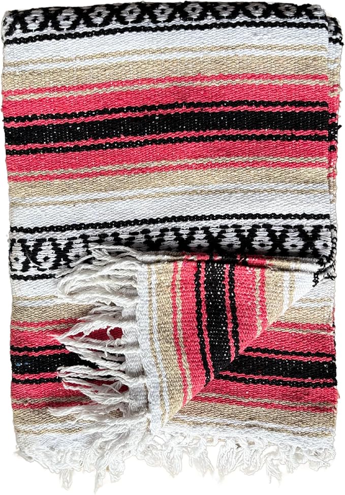 Del Mex Classic Mexican Blanket Large Authentic Woven Falsa Throw (70x50) Artisan Southwest Décor for Beach Yoga Outdoors (Pink/Tan)