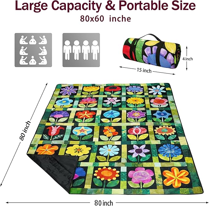 Picnic Blankets Beach Blanket 80 X 80 Extra Large Waterproof Camping Blankets Portable Outdoor Mat 3-Layer Blanket for Beach Hiking Park Music Festival Grass LawnTravel