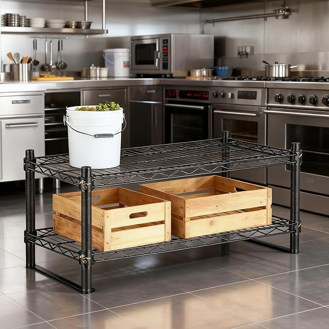 APLSS 14 D x 42 W x 14 H Black Heavy Duty Wire Shelving with 2 Tier Shelves NSF Certified Height Adjustable Wet&ampDry Environments for Kitchen Garage Walk-in Cooler&ampFreezer 800lbs Capaci