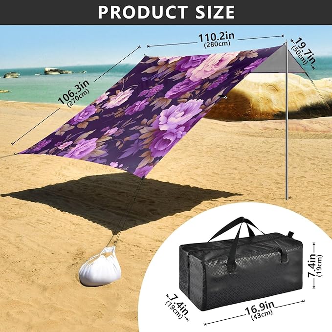 Purple Roses Beach Tent Sun Shelter 9.2' x 10.5' Beach Canopy with 4 Sandbags 4 Stability Poles Sand Shovels - Tent Canopy for Beach Camping Fishing Picnics