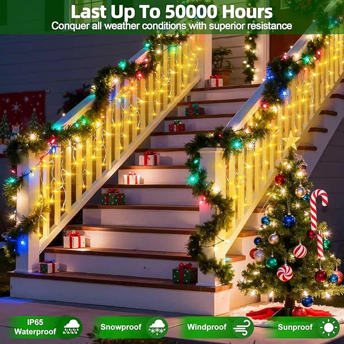 504 LED Christmas Lights with 112Drops 50ft 12 Modes Warm White Fairy String Lights with Timer Dimmable Waterproof Twinkle Lights for Indoor Outdoor Holiday Wedding Party Eaves Yard Christmas Decor