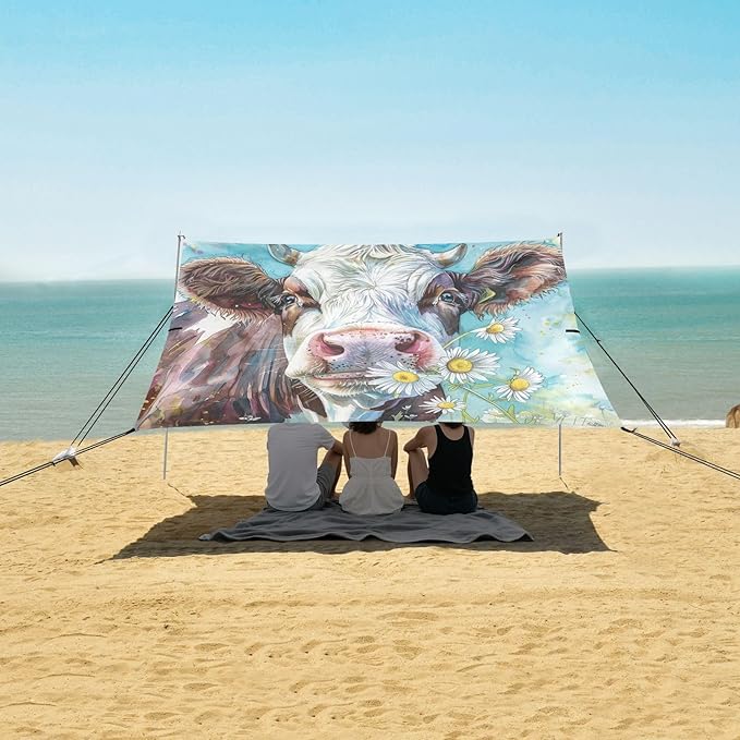 ALAZA Watercolor Cows with Chrysanthemum Farm Animal Portraits in Their Mouths Beach Tent Sun Shelter UPF50+ Protection Beach Shade Canopy w/ 4 Sandbags for Outdoor Camping Fishing Backyard Fun Pic