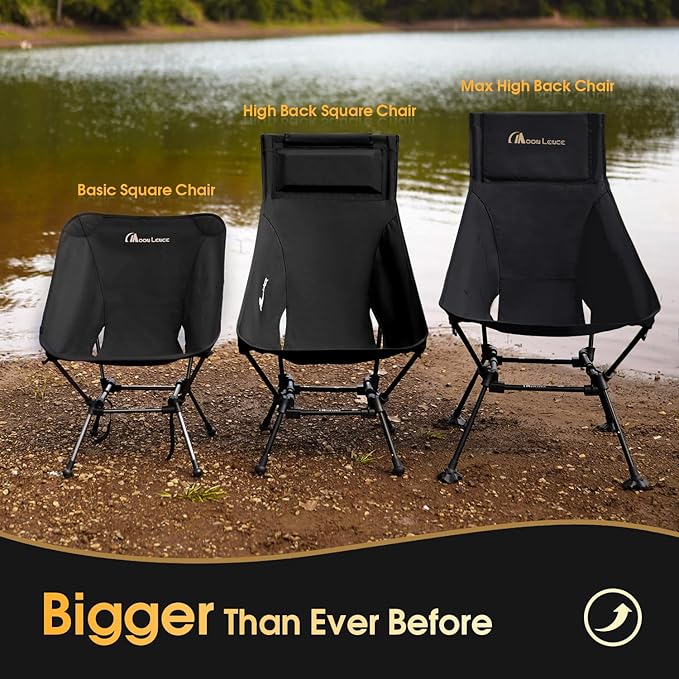 MOON LENCE Oversized High Back Camping Chair with Pillow for Adults Height Adjustable Folding Chair with 400 lbs Capacity Hidden Pillow Pocket &amp Wide Seat for Camping Fishing Base Camp Black