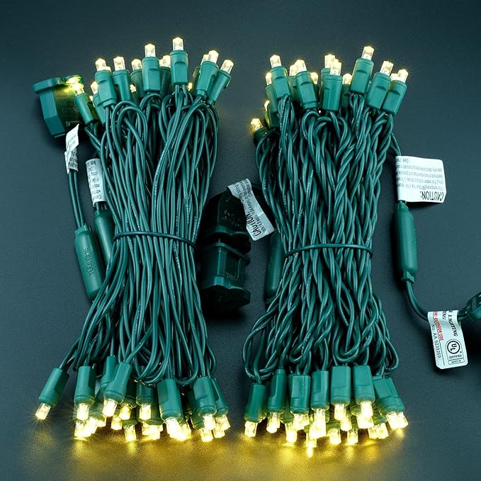 YULETIME Warm White 5MM LED Christmas Lights 50 ft 100 Count 6 Spacing One-Piece High Waterproof Wide Angle UL Certified String Light (6“ Warm White - Green Wire)