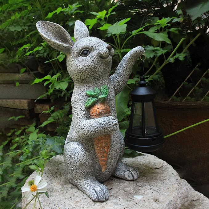 Garden Statues Rabbit Solar Lantern Outdoor Handmade Resin Statue Bunny with Cute Carrot for Patio YardMother's Day Gift Ideas (rabbit1)
