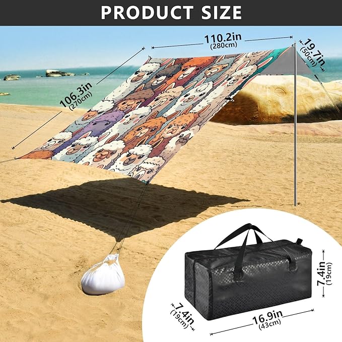 Alpaca Llama Face Portrait Family Camping Sun Shelter Beach Tent Portable Beach Sun Shade Outdoor Canopy for Camping Trips Fishing Picnic