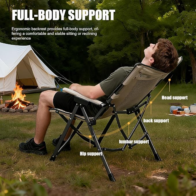 Oversized Hard Armrest Reclining High Back Camping Chair with Adjustable Backrest for Camping Sports Event Backyard Fishing Beach Tailgating