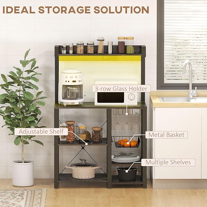 Rack with Power Outlet and LED Lights Bakers Racks for Kitchens with Storage Industrial Microwave Stand with Glass Holders Metal Basket Multiple Shelves Gray