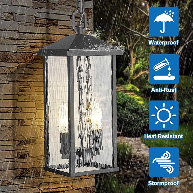 Outdoor Pendant Lights for Porch Chandelier Outdoor Pendant Lights Dusk to Dawn 2-Light Modern Hanging Porch Lights Exterior Hanging Light Fixture with Water Ripple Glass for Patio Gazebo