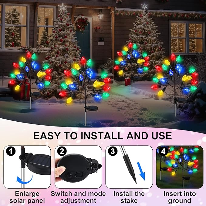 2 Pcs Christmas Solar Pathway Lights Outdoor Decorations 28 Christmas Stake Lamp Yard Waterproof 8 Modes 20 LED Pine Cones Tree for Walkway Path Garden Patio Decor