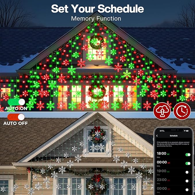 16FT Smart Icicle Lights with Snowflake for Outside App Control DIY Color Changing 16 Drops 208LEDs Outdoor Christmas Lights Plug In Window Curtain Light for Room Roofline Eaves Patio