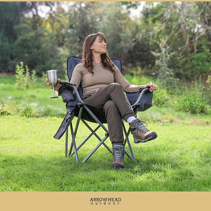 ARROWHEAD OUTDOOR Portable Heated Folding Camping Chair w/ 6-Can Cooler 3 Heat Settings Cup &amp Wine Glass Holder Heavy-Duty Carrying Bag Padded Armrests Battery NOT Included Supports up to 33