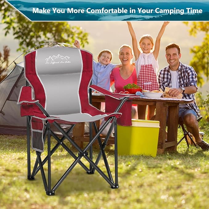 Folding Camping Chair Portable Outdoor Heavy Duty Padded Chairs Lawn Chair with Cup Holder Storage Pocket and Cooler Bag Supports 450LBS Red