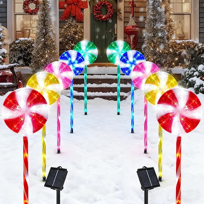 BRIGHTDECK Lollipop Solar Christmas Pathway Lights Outdoor 10 Pack LED Christmas Decor with 8 Lighting Modes Light Up Solar Stake Lights for Holiday Xmas Walkway Sidewalk (Multicolour 10 PCS)