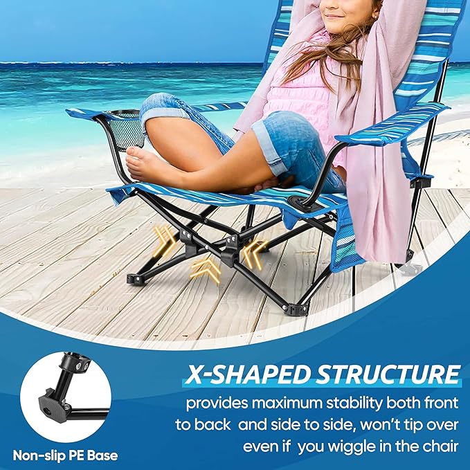 HaSteeL Folding Beach Chair Set of 2 Foldable Striped Camping Chairs for Outside Low Beach Chair Portable for Adults Fishing Picnic Outdoor BBQ Travel Sports Cup Holder &amp Storage Bag