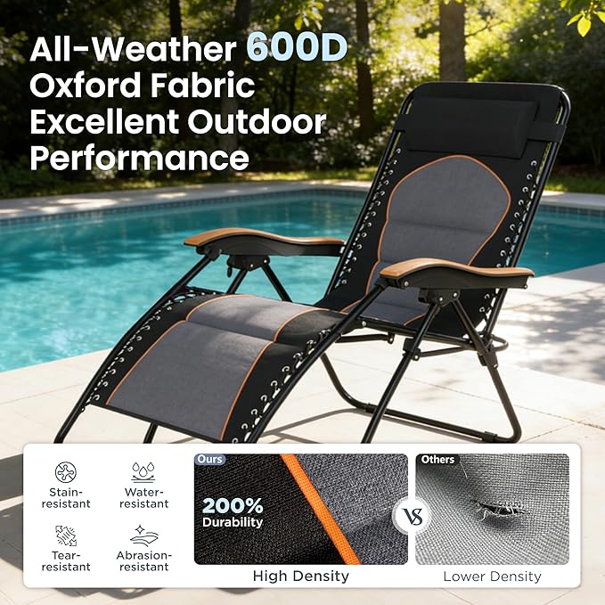 PHI VILLA XXL Oversized Padded Zero Gravity Chair Foldable Patio Recliner 30 Wide Seat Anti Gravity Lounger with Cup Holder Support 400 LBS (Black &amp Orange Accents)