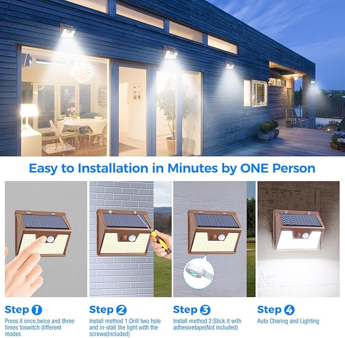 Peasur Solar Lights Outdoor Waterproof [12 Packs/140 LEDs] 3 Lighting Modes Solar Motion Sensor Light Outdoor Ultra Bright Security Lights Outdoor Solar Lights for Outside Fence Patio Deck[Brown]